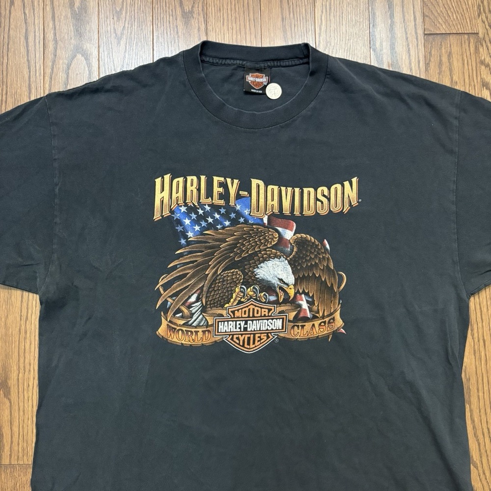 Harley Davidson Black T Shirt Men 2XL Sun Faded Eagle USA Made Flag Y2K Florida